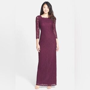 Adrianna Papell Long Sleeve Lace Evening Gown in Burgundy